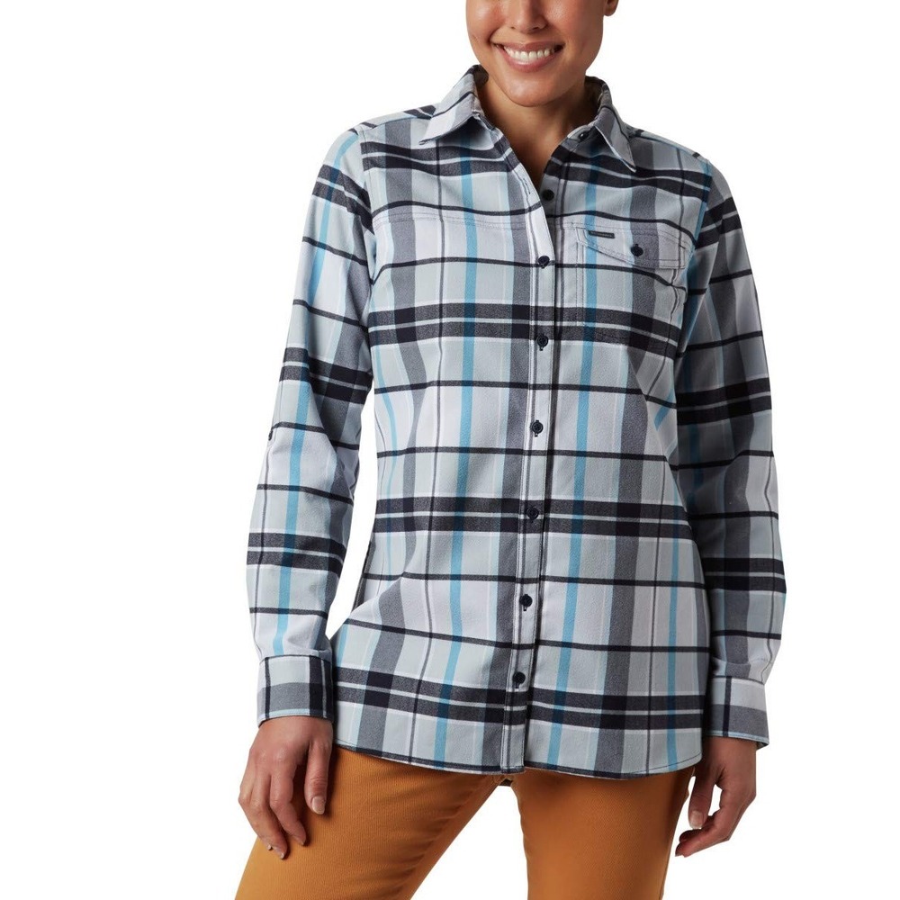 Columbia Flannel Tunic Women XS Blue Silver Ridge 2.0 Plaid Roll Sleeve